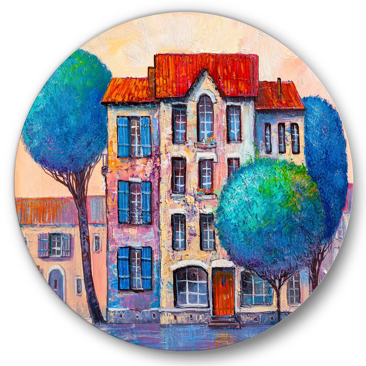 Designart - House With Red Roof and Colorful Autumn Trees - Modern Metal Circle Wall Art